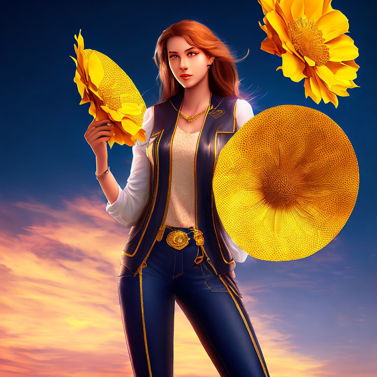 Digital artwork of woman with auburn hair holding sunflower against twilight sky