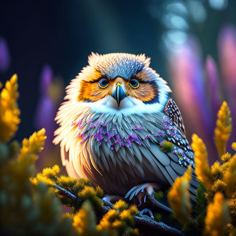 Colorful Fantastical Owl Among Vibrant Flowers and Sparkling Decorations