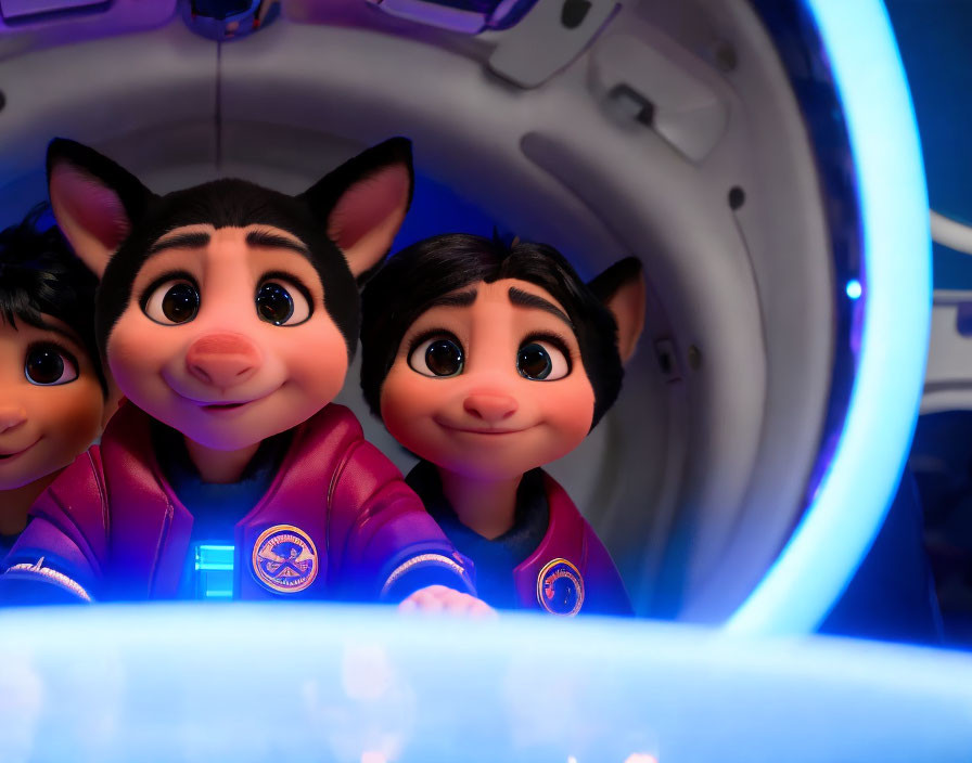 Animated chipmunk characters in space suits peeking from spacecraft hatch under soft blue light