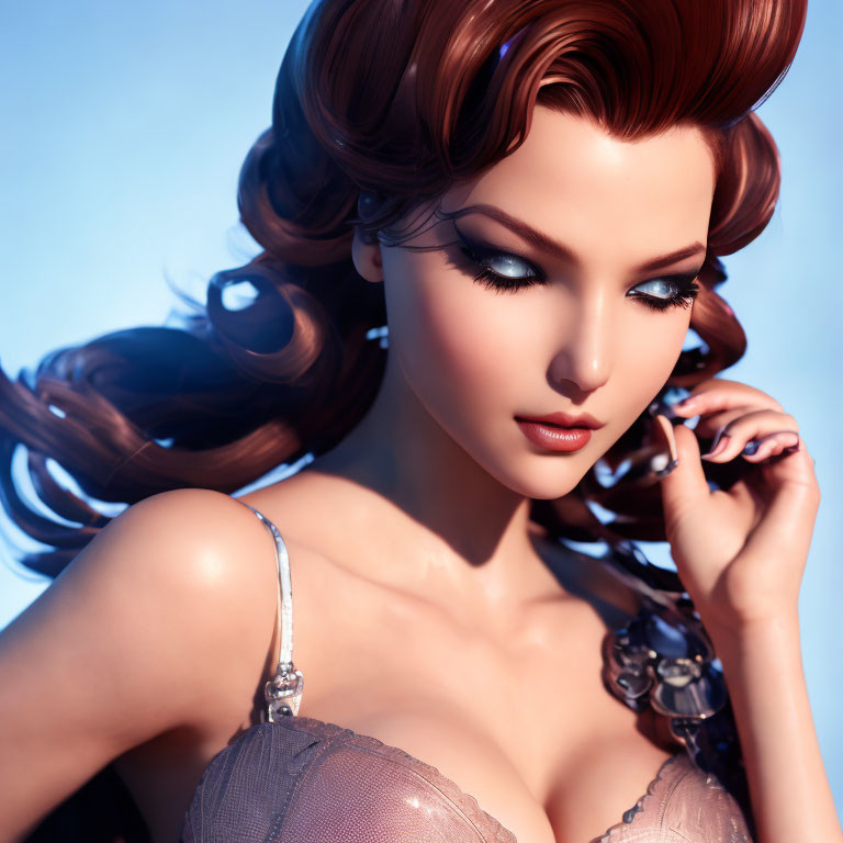 3D-rendered woman with auburn hair and blue eyes in strap dress