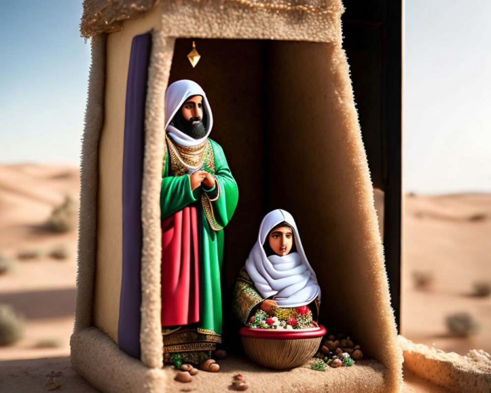 Middle Eastern man and woman figurines in traditional attire inside desert tent