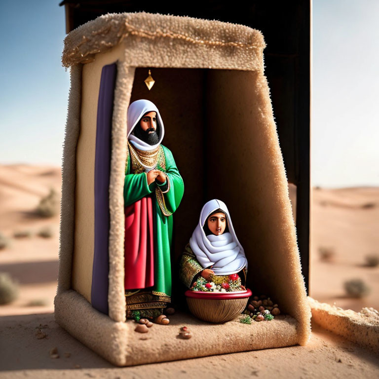 Middle Eastern man and woman figurines in traditional attire inside desert tent