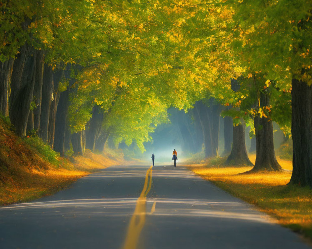 Tranquil Autumn Scene: Tree-Lined Road with Golden Leaves and Walking Couple