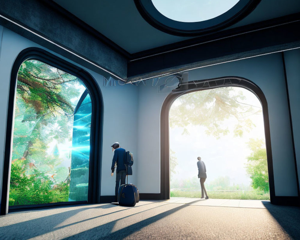 Futuristic lobby with large windows and natural landscapes, person with suitcase.
