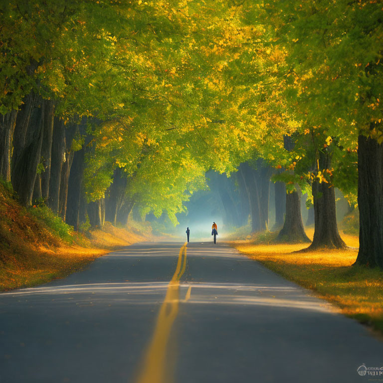 Tranquil Autumn Scene: Tree-Lined Road with Golden Leaves and Walking Couple