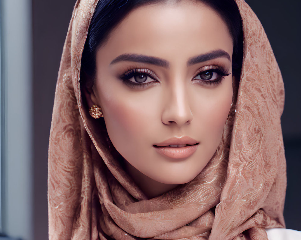 Dark-haired woman in beige hijab with gold earrings and striking eyes gazes at camera