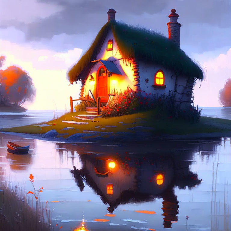 Quaint Thatched Cottage with Warm Light by Still Waters at Dusk