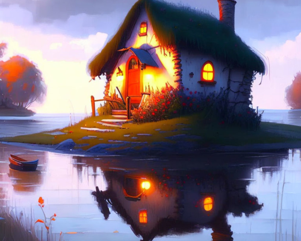 Quaint Thatched Cottage with Warm Light by Still Waters at Dusk