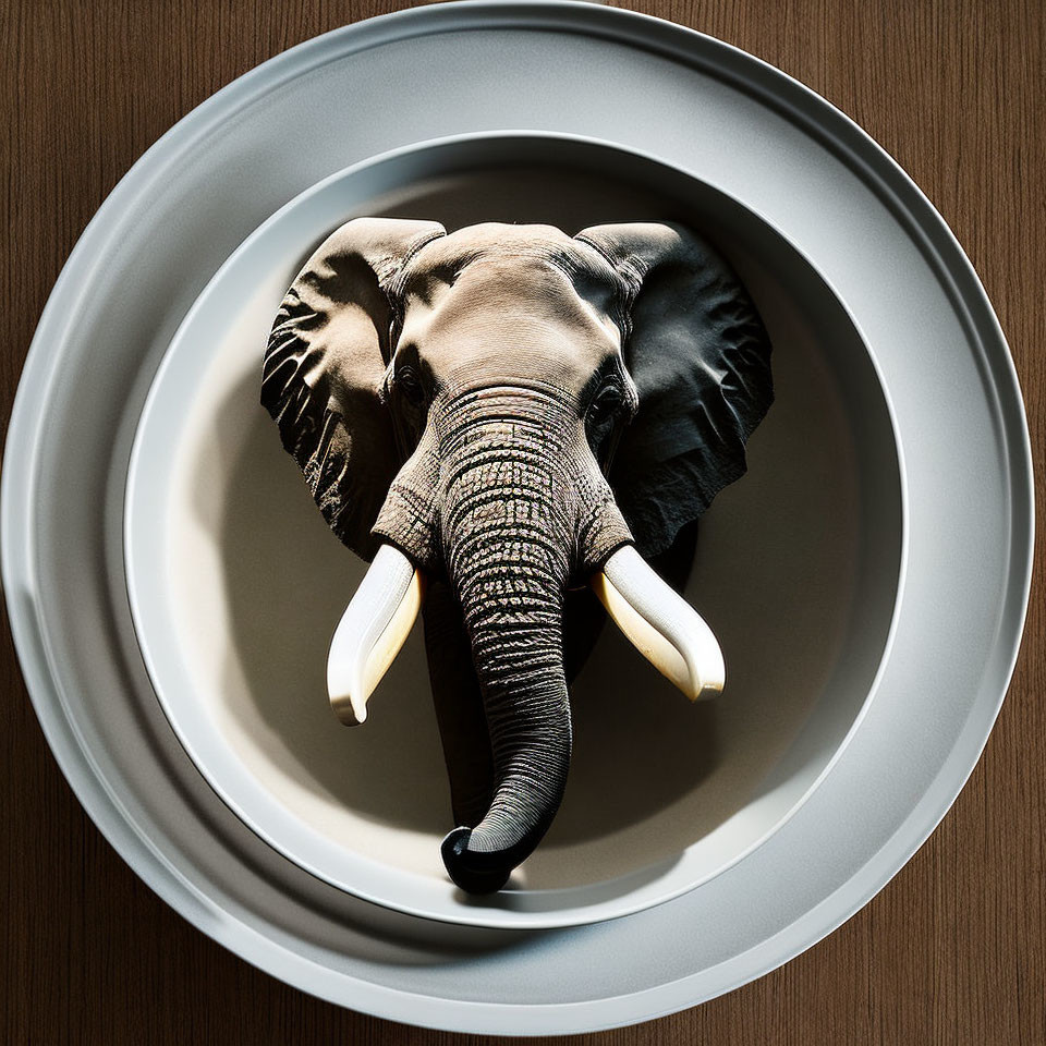 Surreal elephant emerging from circular frame with focus on trunk and tusks