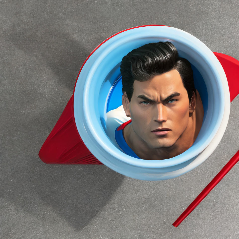 Superman's face in stylized shield emblem from above