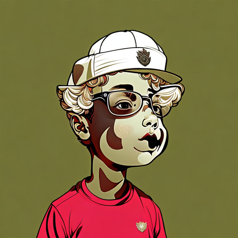 Illustration of boy with curly hair, glasses, cap, red shirt, badge on green background