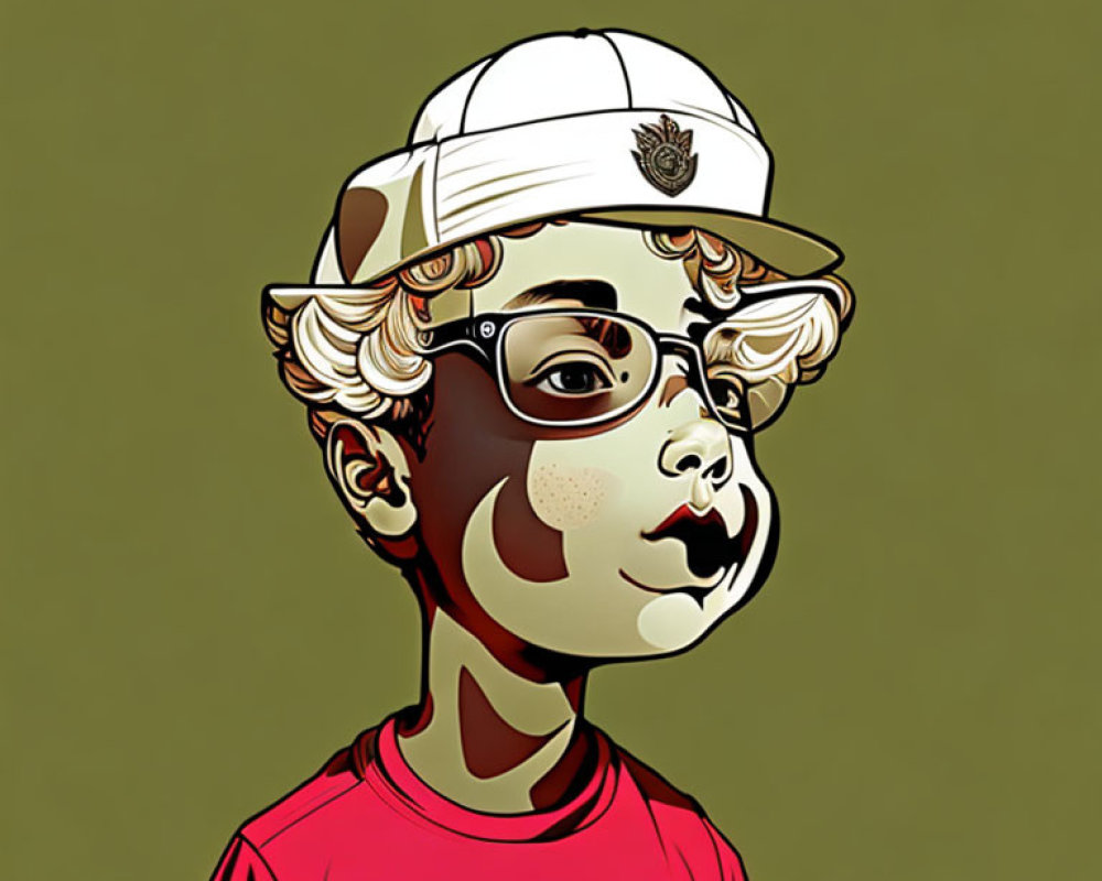 Illustration of boy with curly hair, glasses, cap, red shirt, badge on green background