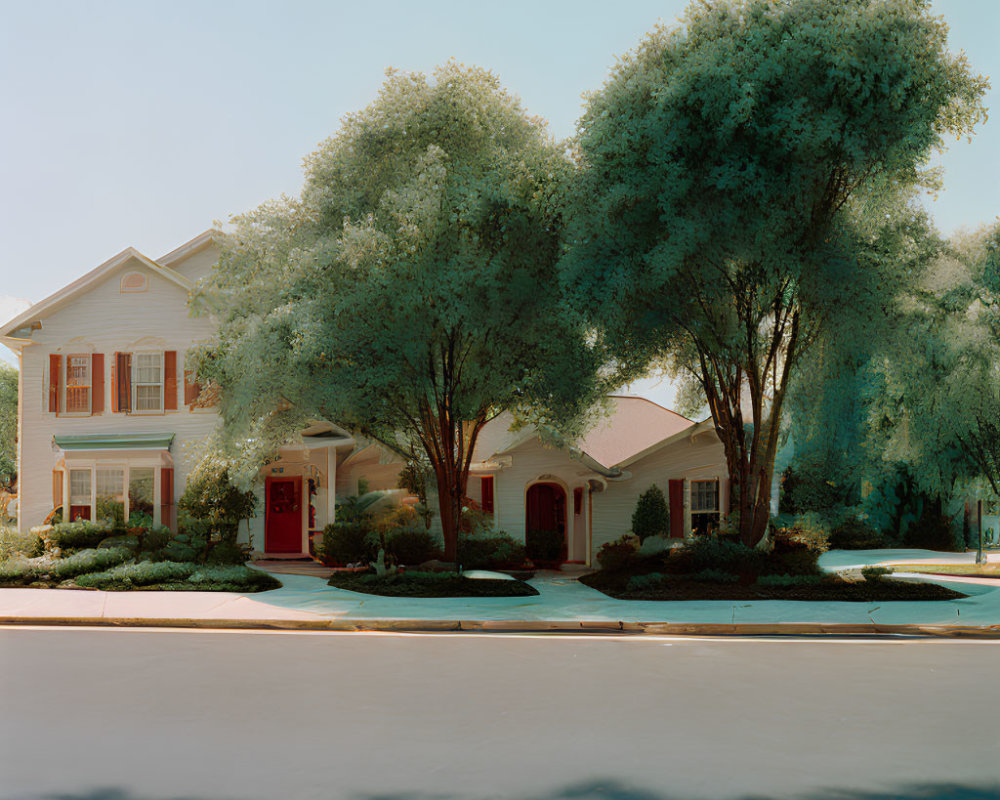 Tranquil suburban house with red door and green trees