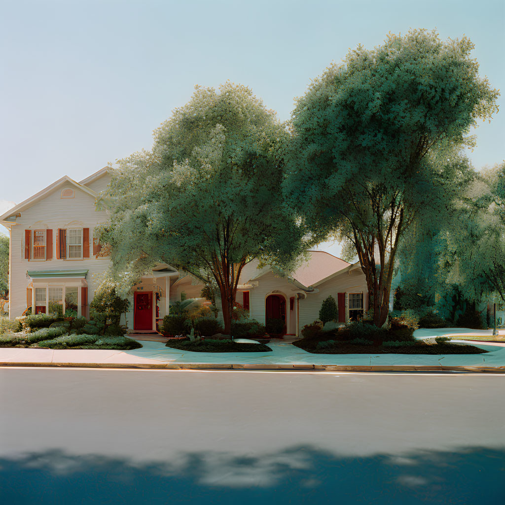 Tranquil suburban house with red door and green trees