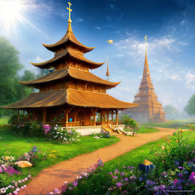 Traditional Asian Pagodas in Serene Landscape with Vibrant Flora