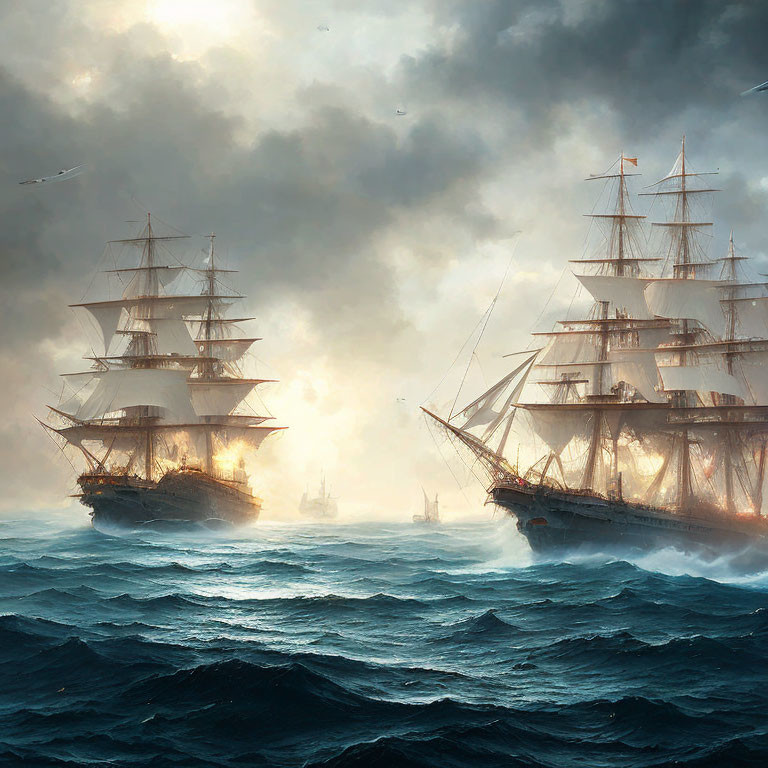 Tall ships with full sails in stormy seas with seabirds and distant vessels