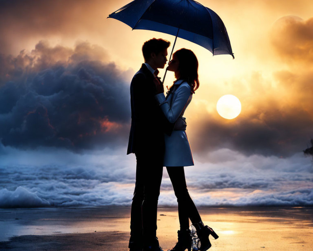 Couple Embracing Under Umbrella on Beach at Sunset