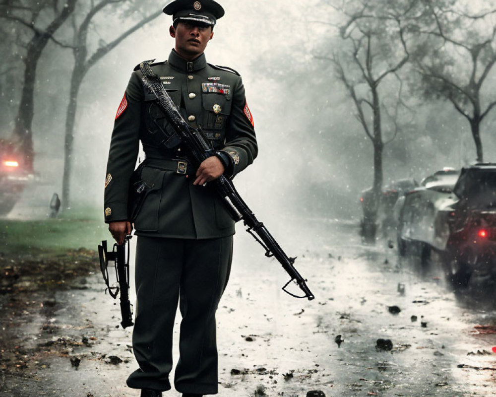 Soldier in uniform with rifle on wet road in light rain, blurred vehicles in background