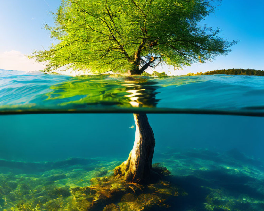 Split-view shot of lush green tree half submerged in clear water, with underwater roots, against sunny sky