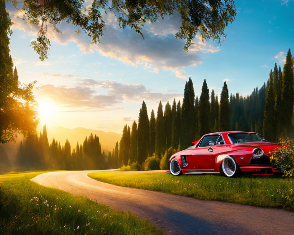 Vintage red car on winding road surrounded by green trees at sunset