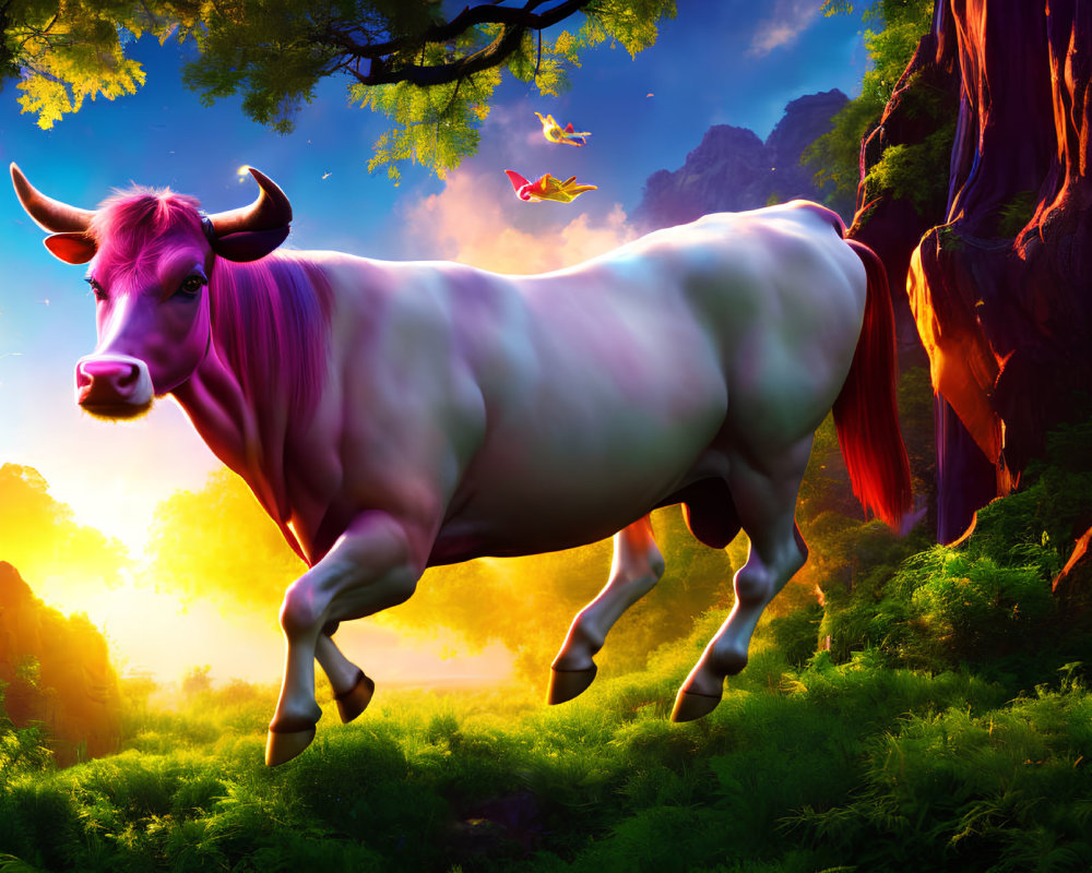 Vibrant purple and white cow in magical forest at sunset