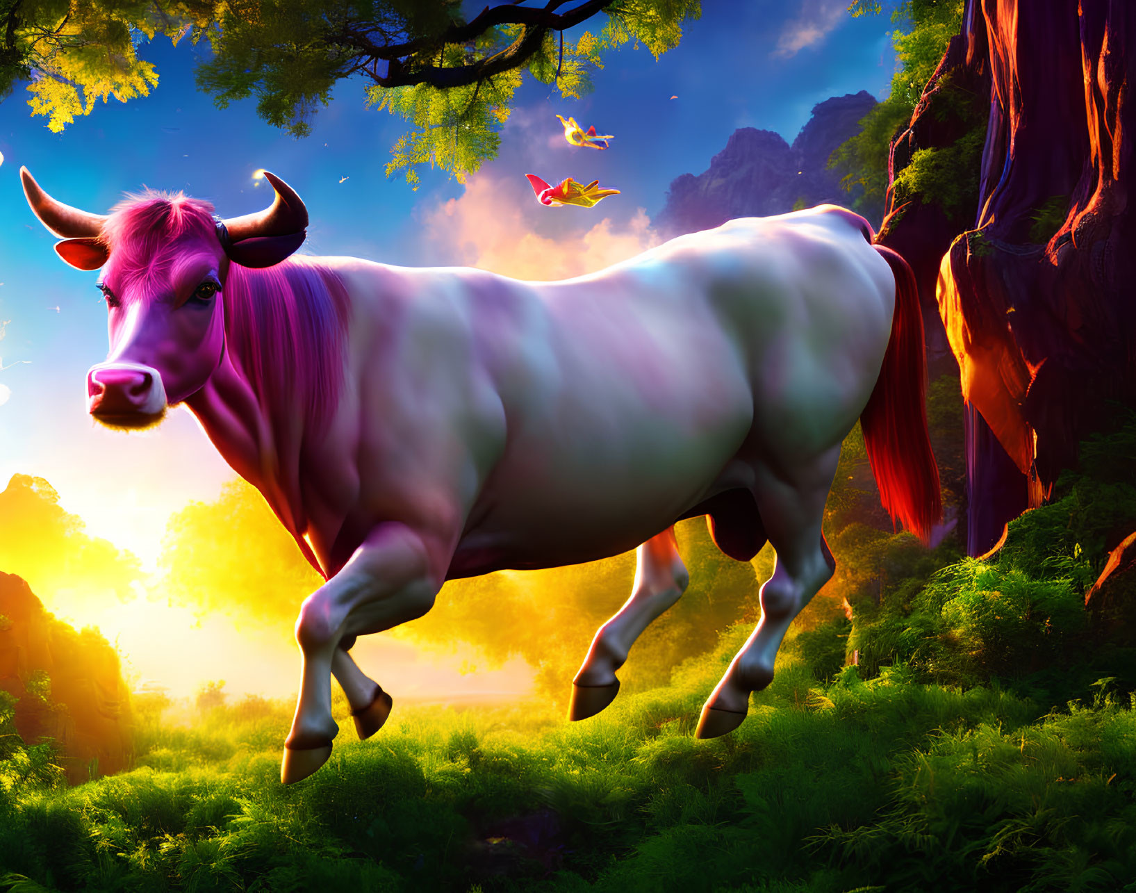 Vibrant purple and white cow in magical forest at sunset