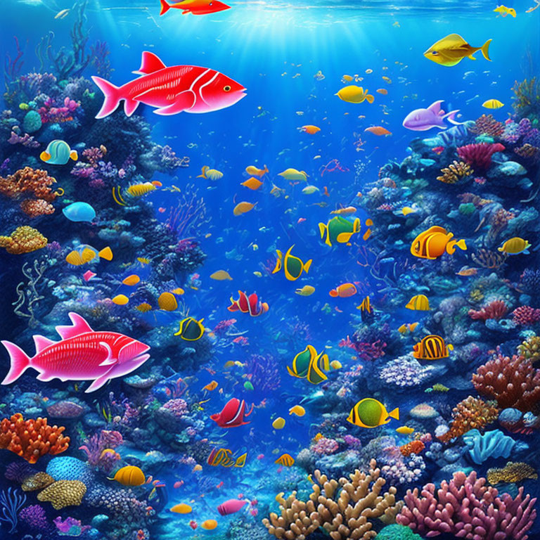 Colorful Fish Swimming Among Coral Reefs in Vibrant Underwater Scene