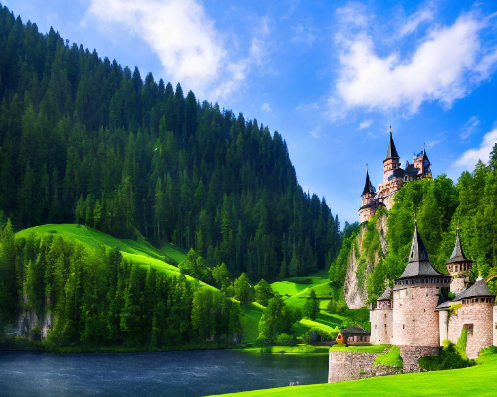 Castle on Forested Hill Overlooking Tranquil Lake