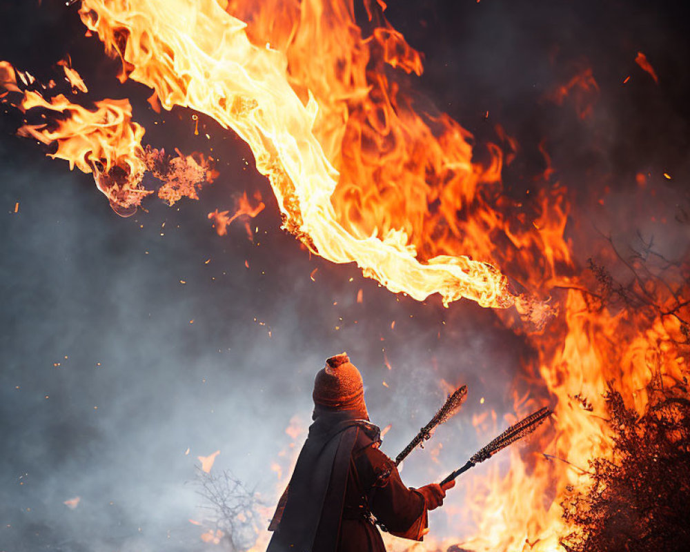 Person in Warm Clothing Breathing Fire at Night