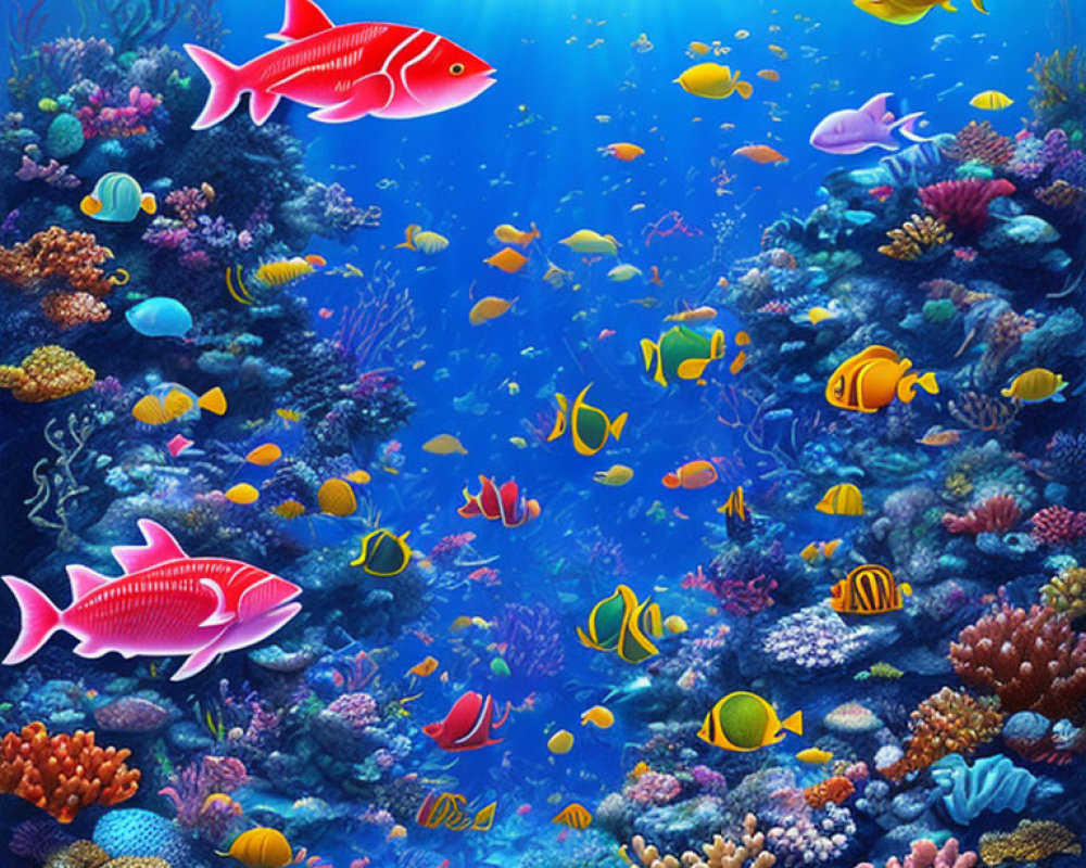 Colorful Fish Swimming Among Coral Reefs in Vibrant Underwater Scene