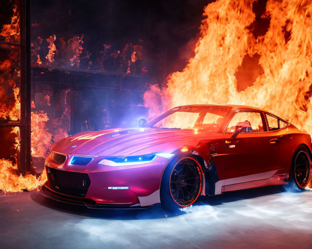 Red sports car with glowing blue headlights parked in front of dramatic flames