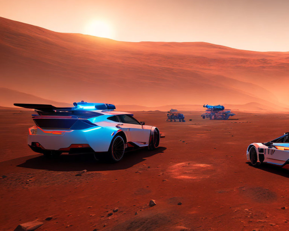 Futuristic police vehicle with flashing lights on dusty Martian landscape at sunset