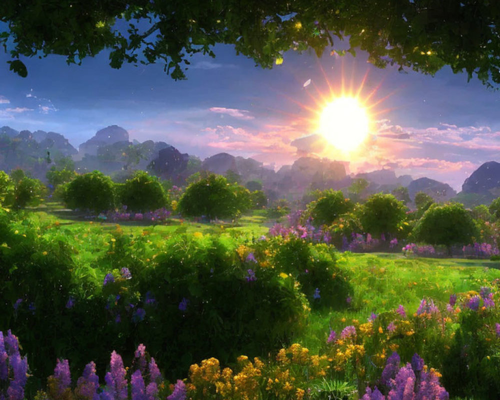 Colorful Meadow with Flowers, Sunrise, Mountains, and Green Canopy