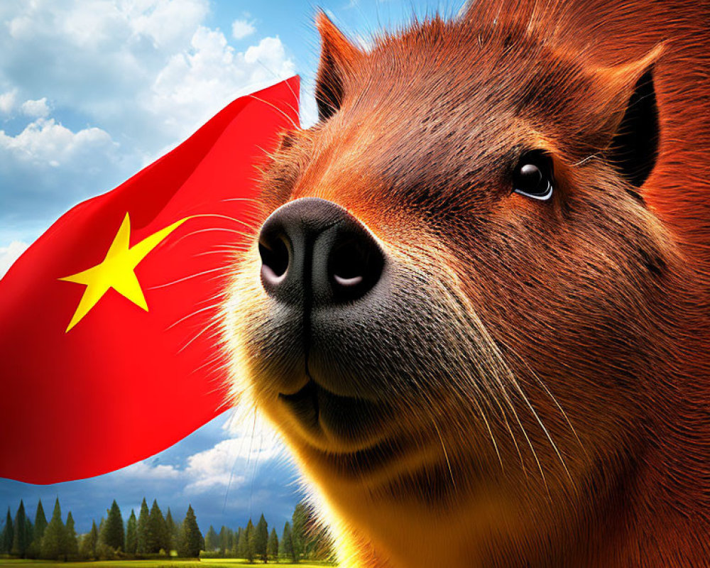 Capybara with Vietnamese flag in scenic landscape