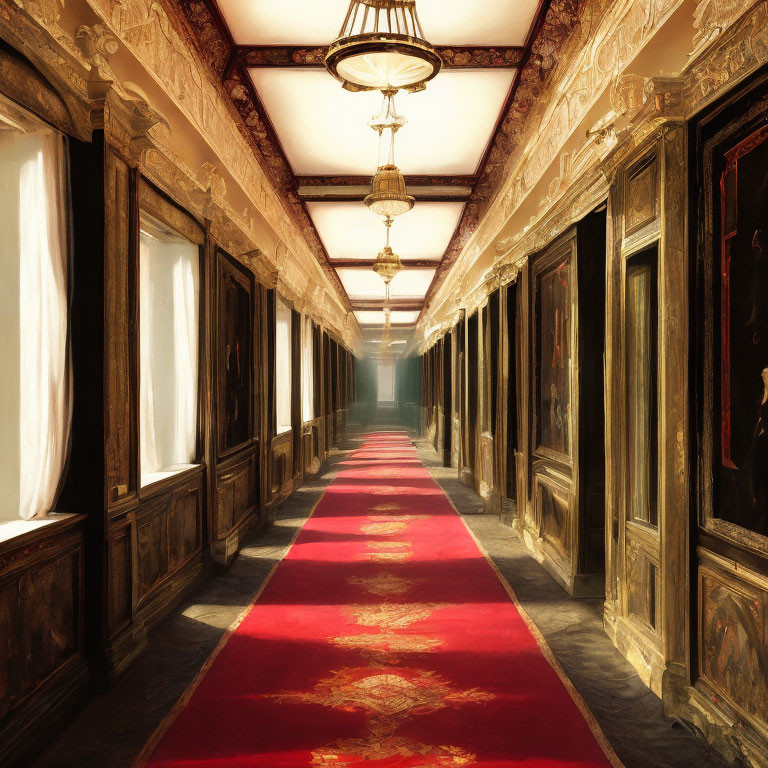 Luxurious Hallway with Wooden Paneling, Red Carpet, Large Windows, and Chandelier