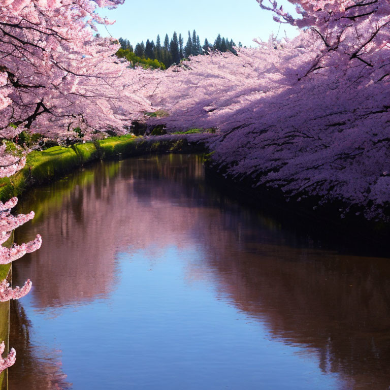 Tranquil river with pink cherry trees in bloom under clear blue sky