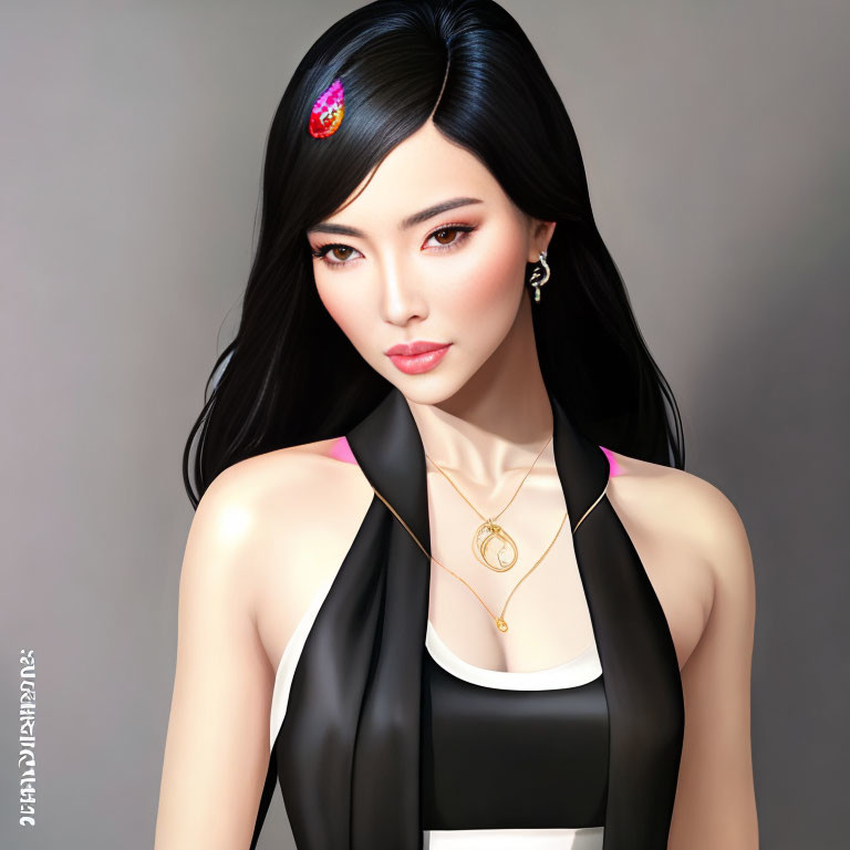 Digital portrait of woman with black hair, red hair clip, black & white outfit, gold accessories