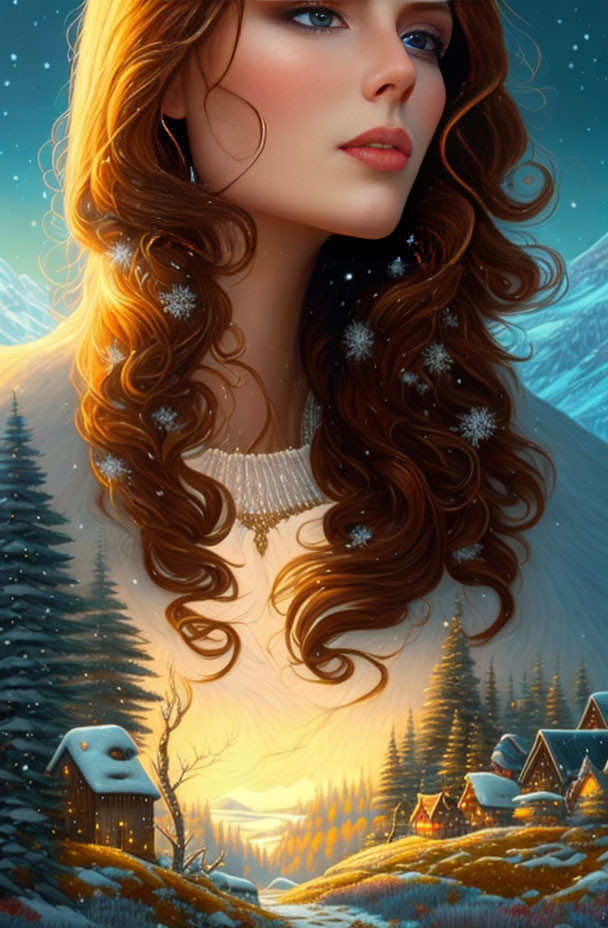 Digital artwork: Woman with auburn hair and snowflakes in winter landscape