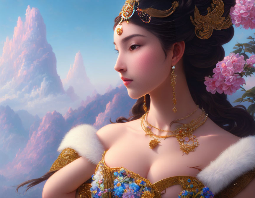 Woman with Elaborate Hairstyles and Gold Jewelry in Luxurious Dress against Pink Mountains