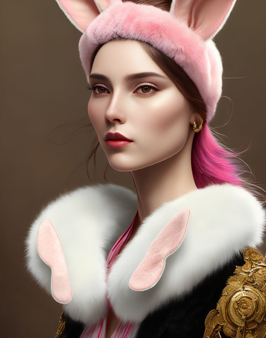 Digital portrait of woman with pink bunny ears and ornate shoulder armor on brown background