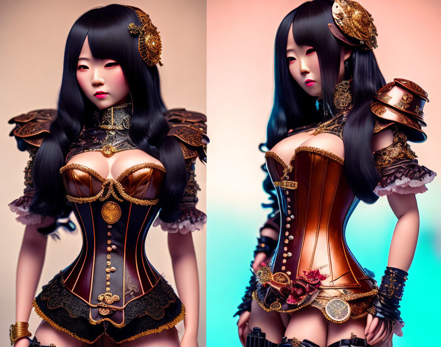 Stylized female character in fantasy costume with gold accents, front and side views