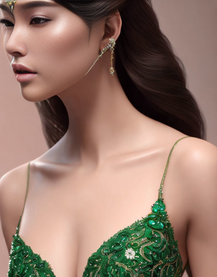 Portrait of woman in green embroidered dress with long hair and intricate earring