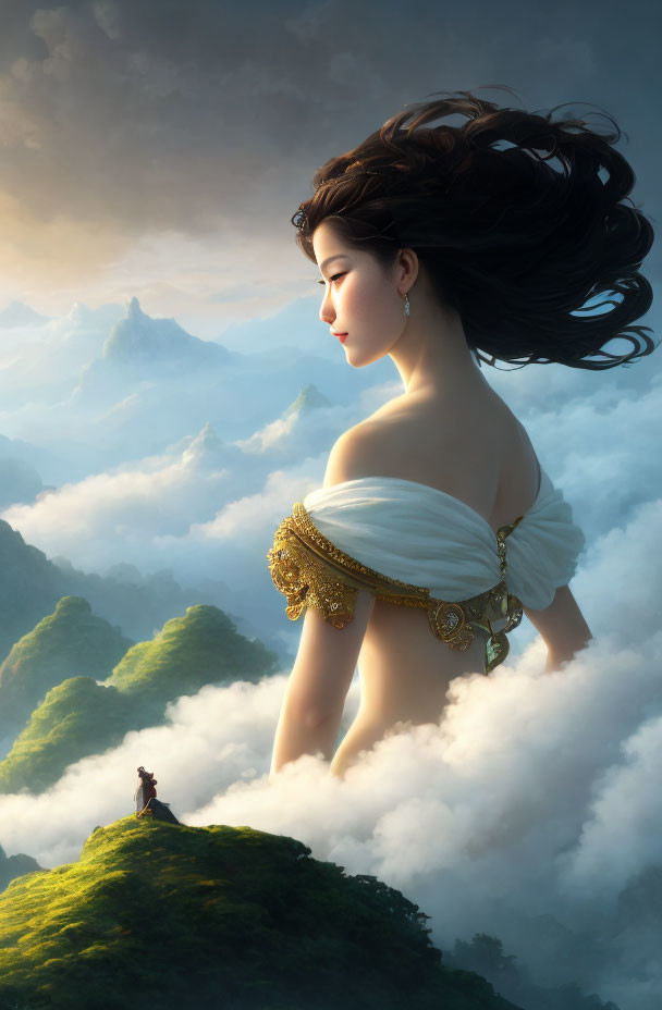 Giant woman and small figure in mountain landscape illustration