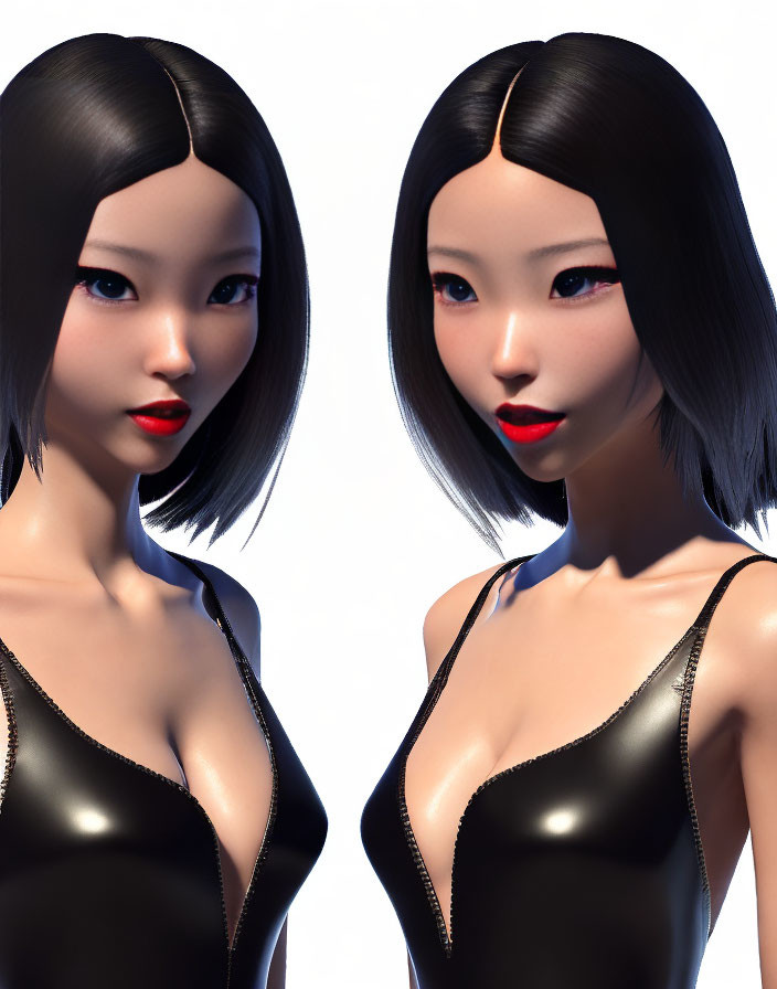 Identical 3D-rendered female figures in black outfits with bob hairstyles and red lipstick