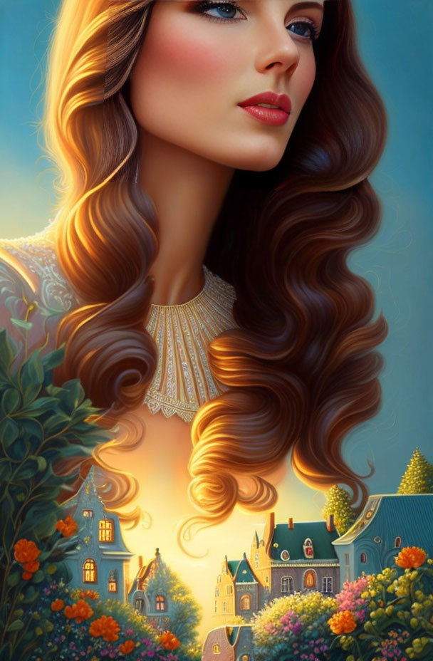 Illustrated portrait of woman with flowing hair against warm village backdrop