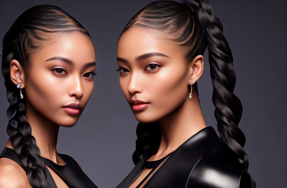 Two Women with Sleek Braided Hair and Elegant Makeup in Black Outfits against Gray Background
