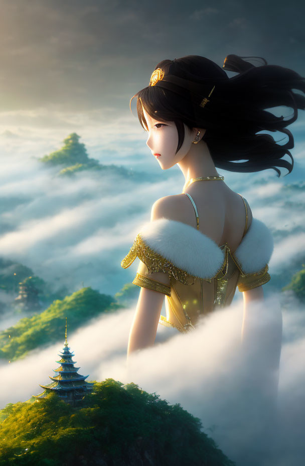 Long-haired animated woman in golden-trimmed outfit gazing at misty pagoda and hills.