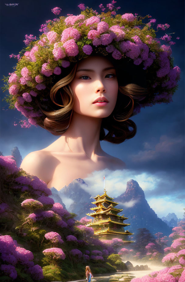 Digital Artwork: Woman with Elaborate Pink Flower Hat in Fantasy Landscape