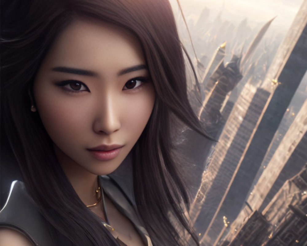 Asian woman digital portrait with futuristic cityscape and soft lighting