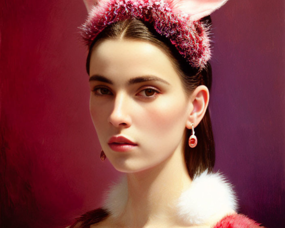 Woman in bunny ears and red/white fur costume on burgundy background